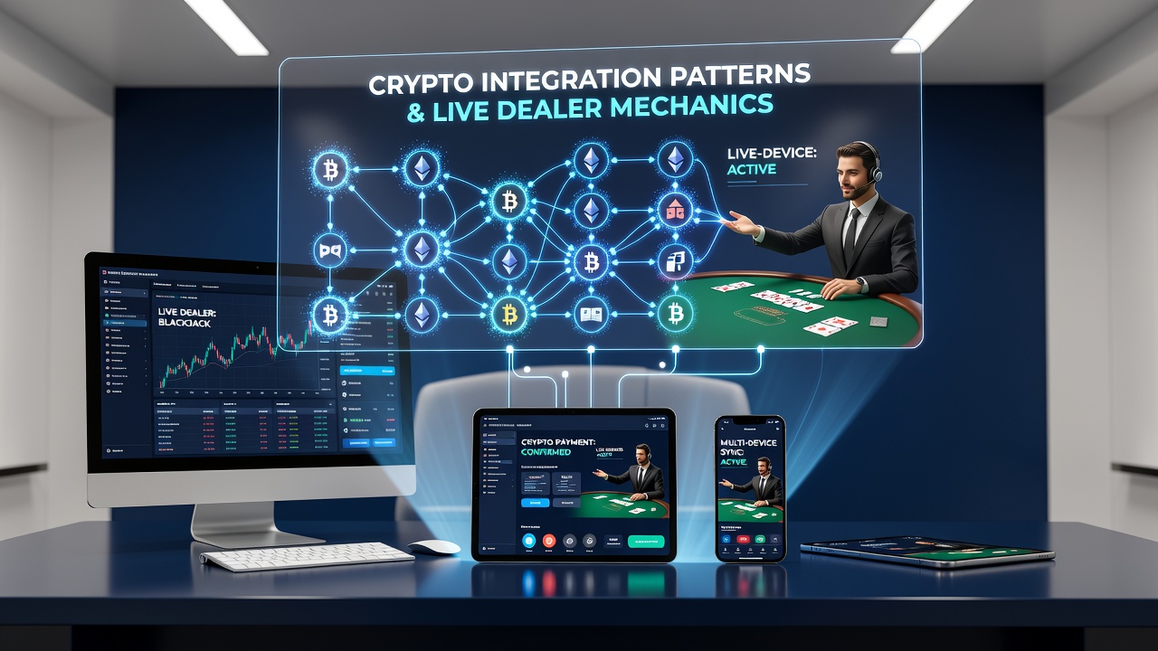 Diagramm zur Kryptowährungsintegration in Live-Dealer-Plattformen auf verschiedenen Geräten
