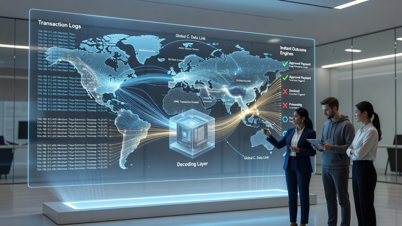 Illustration von Echtzeit-Datenströmen zwischen Transaktionslogs und Outcome-Engines über internationale Grenzen
