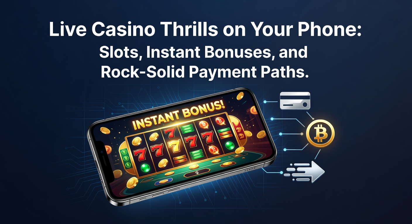 Nahaufnahme eines Smartphones mit sicheren Zahlungsoptionen wie Apple Pay, Krypto-Wallets und Bank-Transfer-Icons, neben einem Live-Tableau und Bonus-Pop-up
