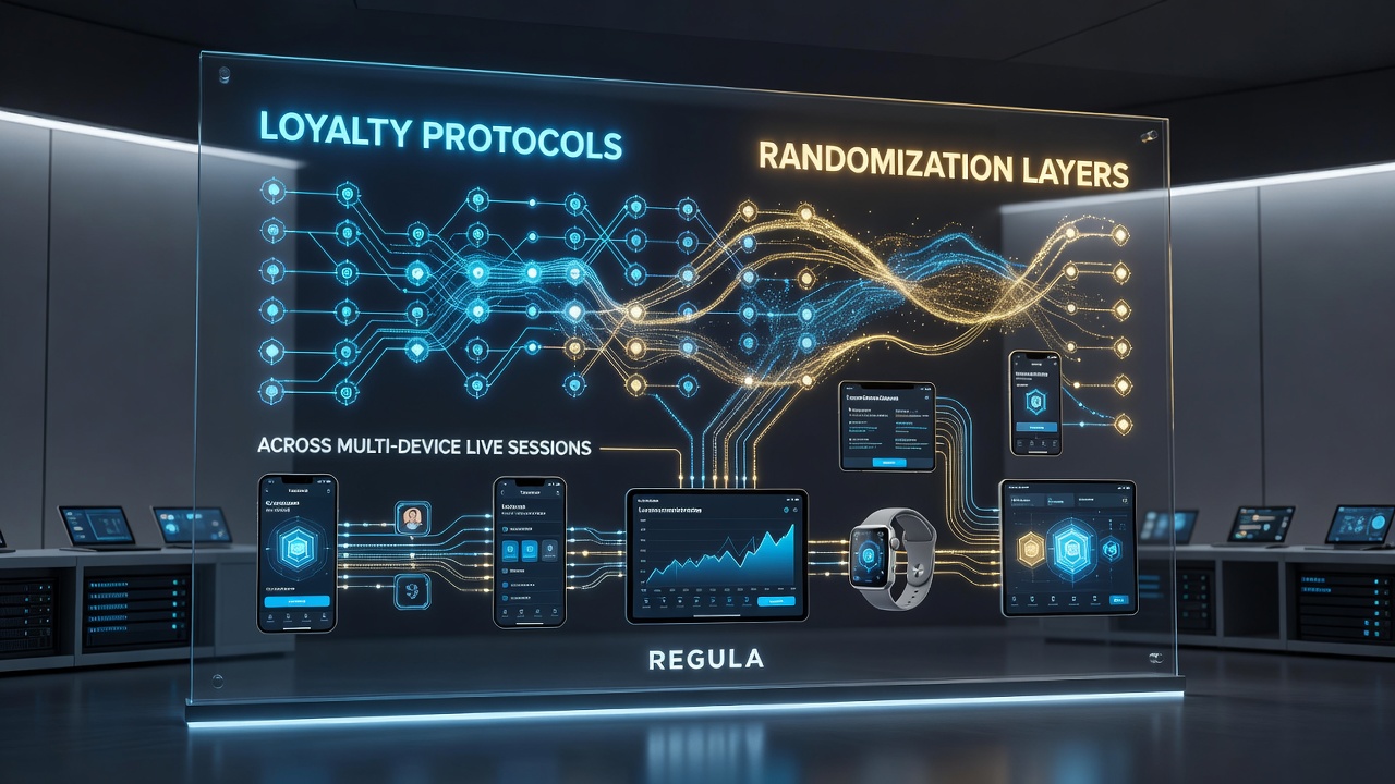 Technische Darstellung der Synchronisation von Loyalitäts- und RNG-Daten über verschiedene Endgeräte