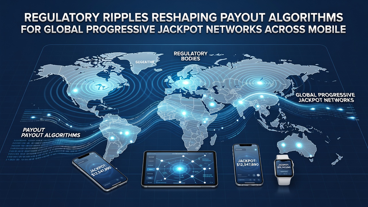 Illustration von mobilen Geräten mit synchronisierten Jackpot-Algorithmen und regulatorischen Prüfungen